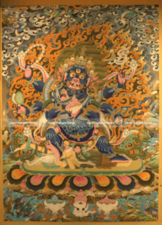 Wrathful Six-Armed Mahakala hand-painted Tibetan Thangka in natural pigments and 24K gold from Nepal