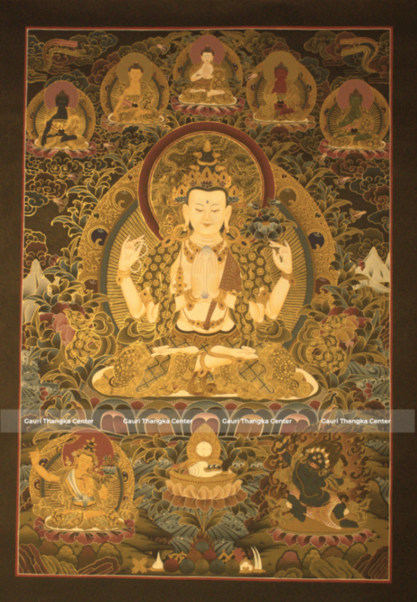 Chenrezig – 24K Gold Detailed Thangka
