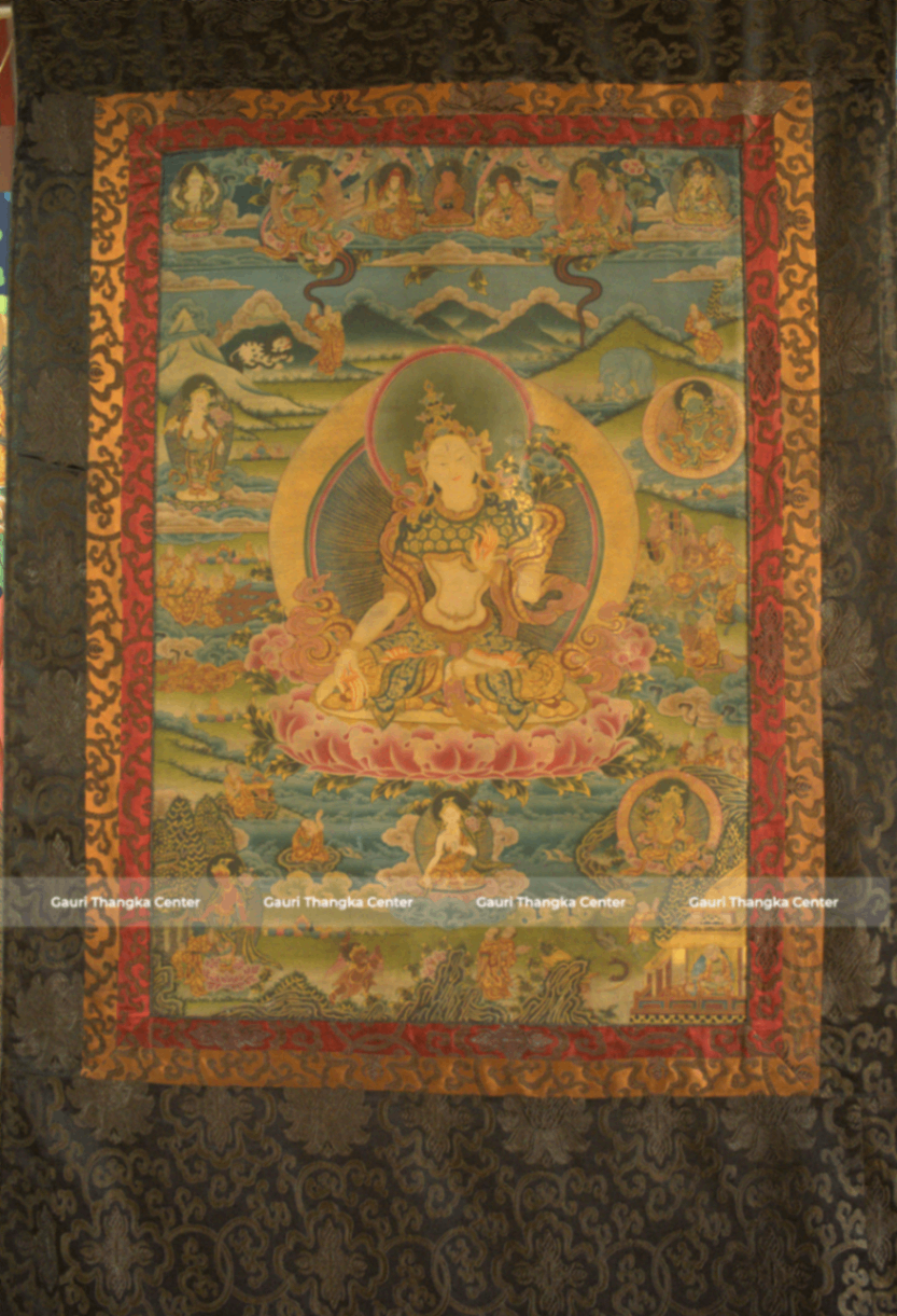 White Tara – 24K Gold Detailed Brocade Thangka (Antique Style) - Image 2