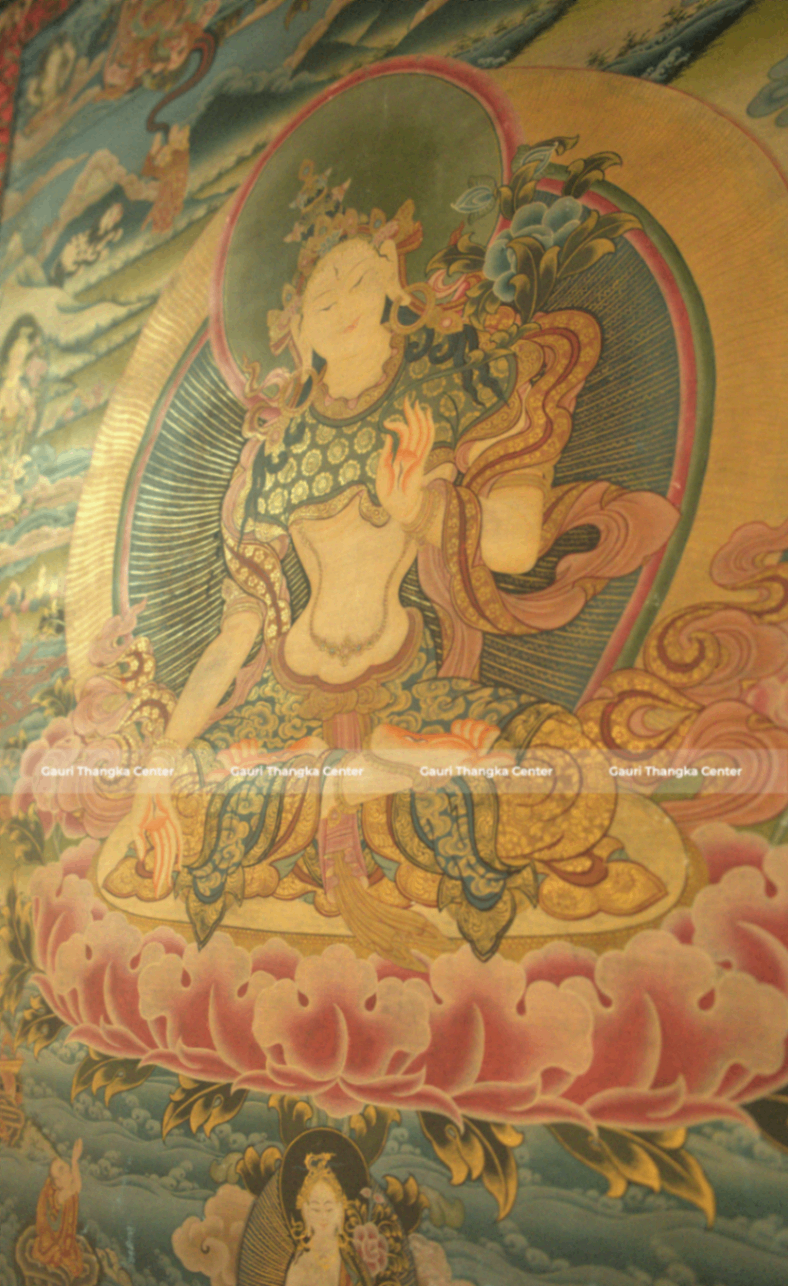 White Tara – 24K Gold Detailed Brocade Thangka (Antique Style) - Image 3