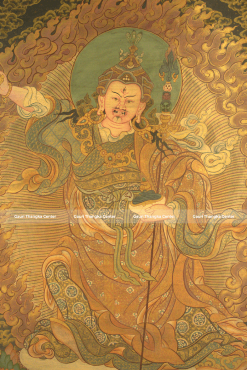 Guru Rinpoche – 24K Gold Detailed Brocade Thangka (Antique Style) - Image 4