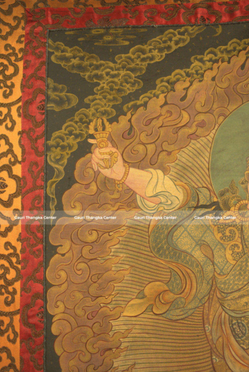Guru Rinpoche – 24K Gold Detailed Brocade Thangka (Antique Style) - Image 7