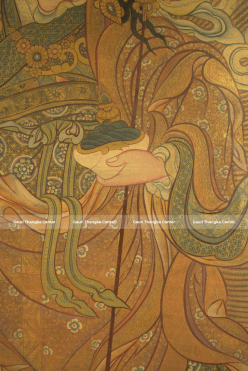 Guru Rinpoche – 24K Gold Detailed Brocade Thangka (Antique Style) - Image 6