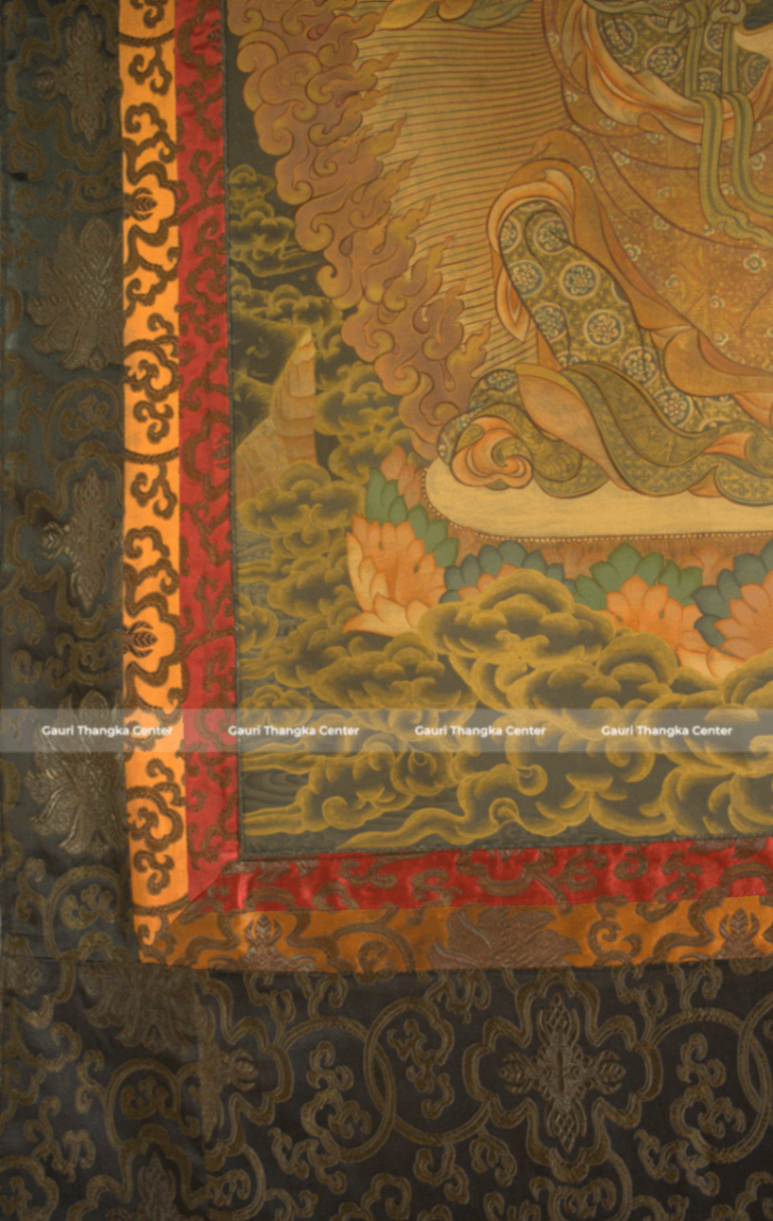 Guru Rinpoche – 24K Gold Detailed Brocade Thangka (Antique Style) - Image 5