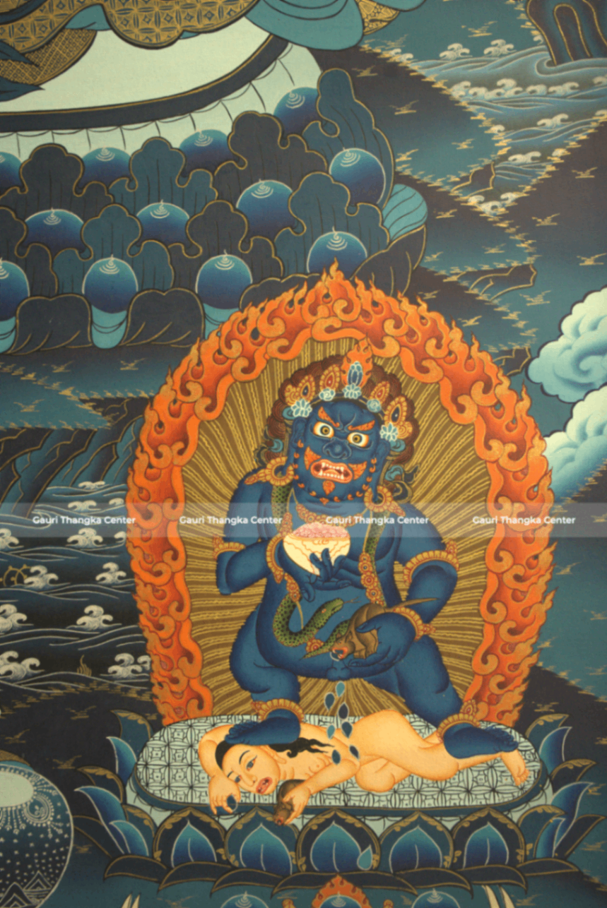 Five (Pancha) Jambhala – 24K Gold Detailed Thangka (Masterpiece, Traditional Tibetan Style) - Image 4
