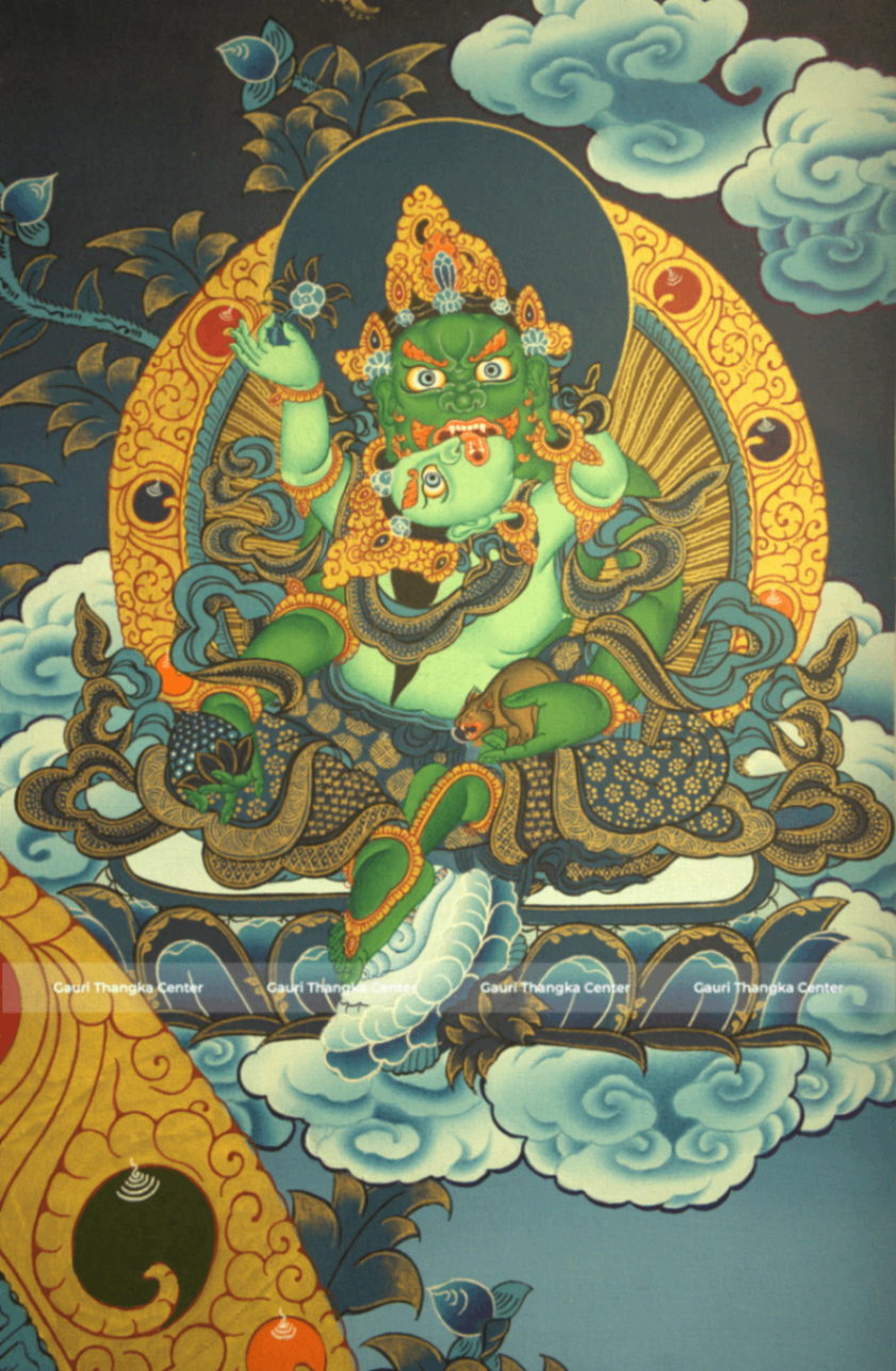 Five (Pancha) Jambhala – 24K Gold Detailed Thangka (Masterpiece, Traditional Tibetan Style) - Image 3