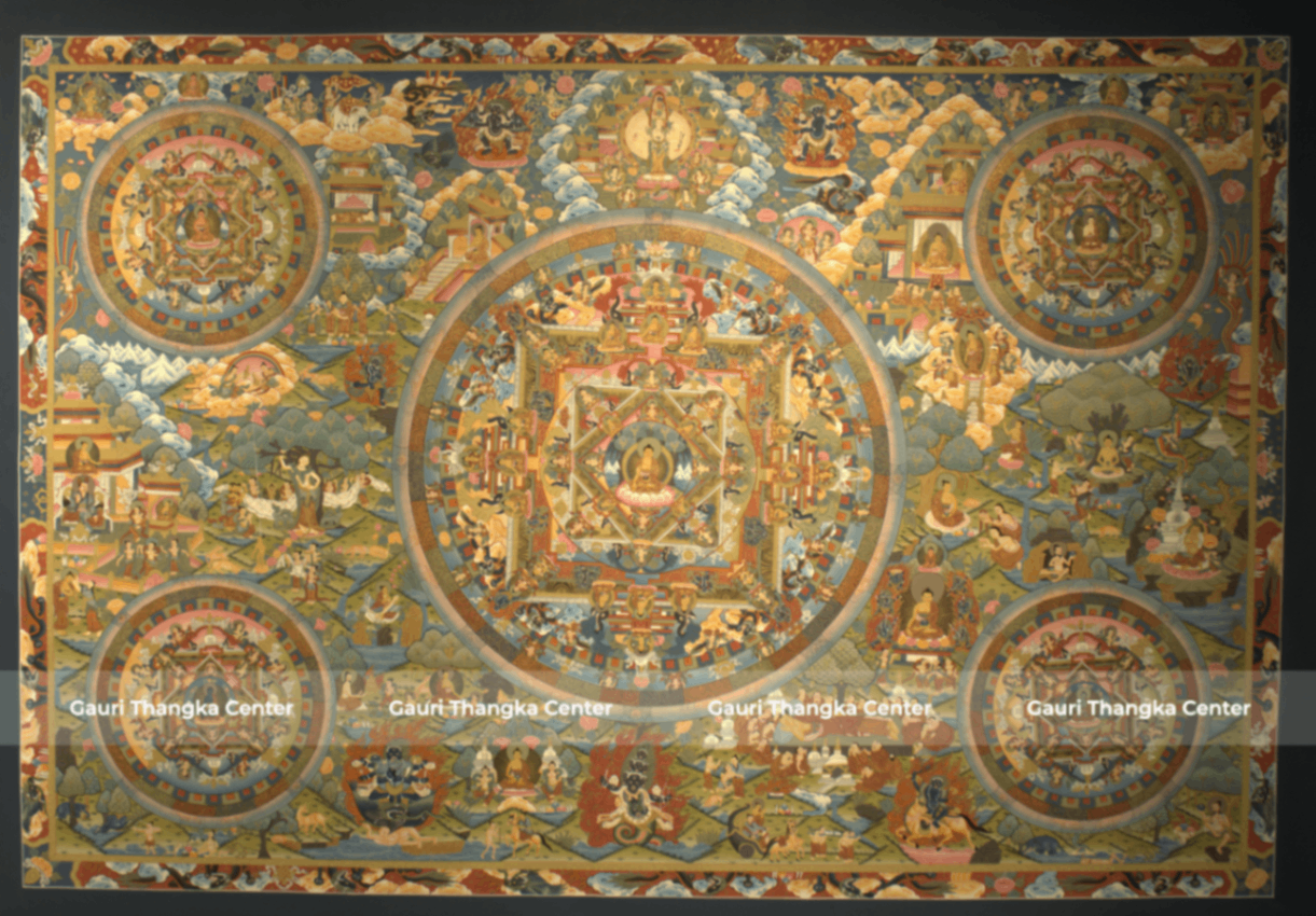 Life of Buddha | Five (Pancha) Mandala – 24K Gold Detailed Thangka ( Traditional Tibetan Style)