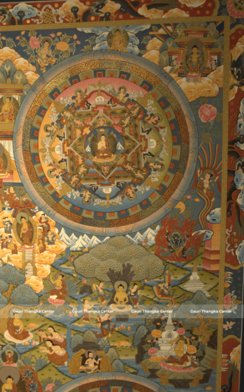 Life of Buddha | Five (Pancha) Mandala – 24K Gold Detailed Thangka ( Traditional Tibetan Style) - Image 7