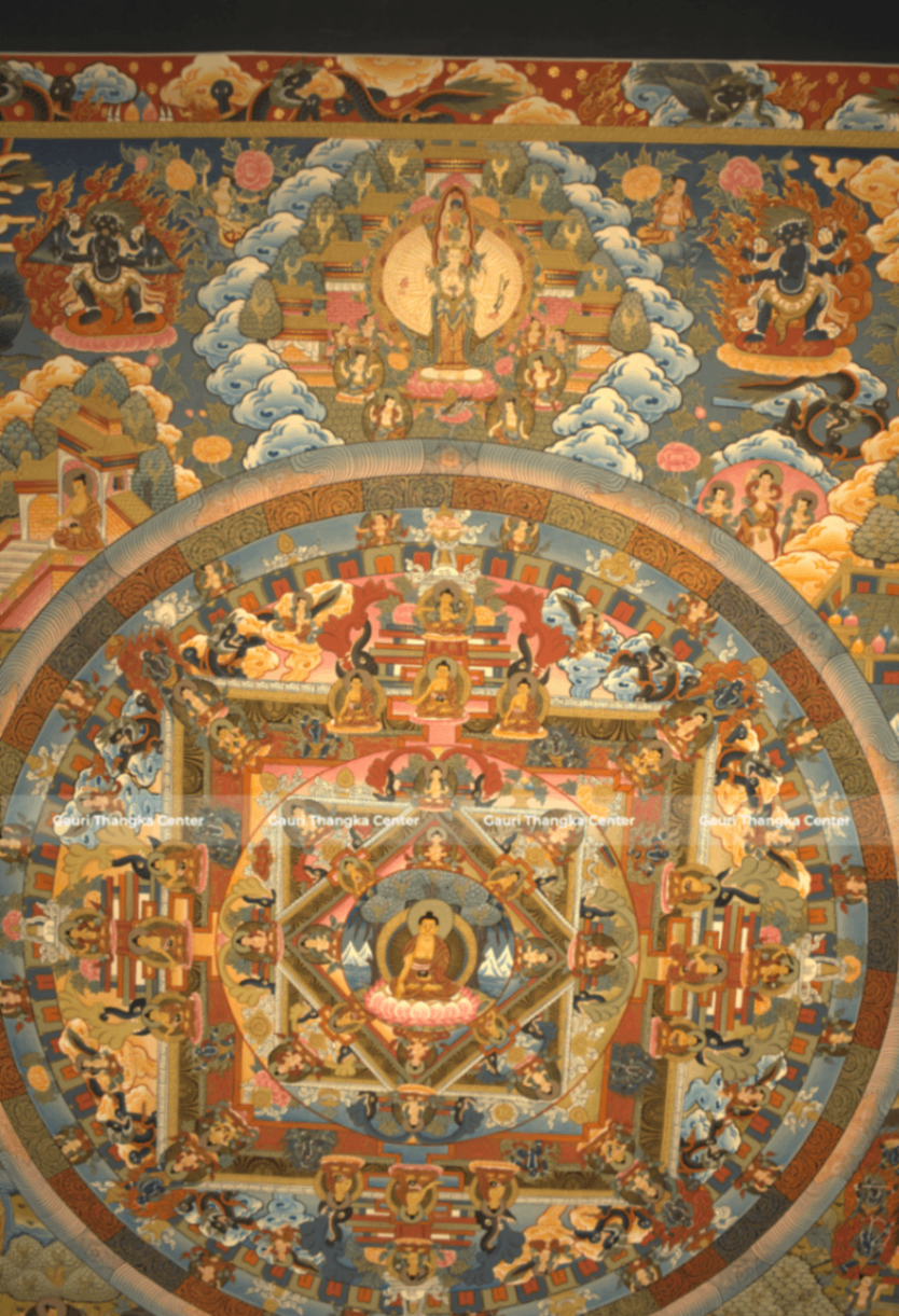 Life of Buddha | Five (Pancha) Mandala – 24K Gold Detailed Thangka ( Traditional Tibetan Style) - Image 6