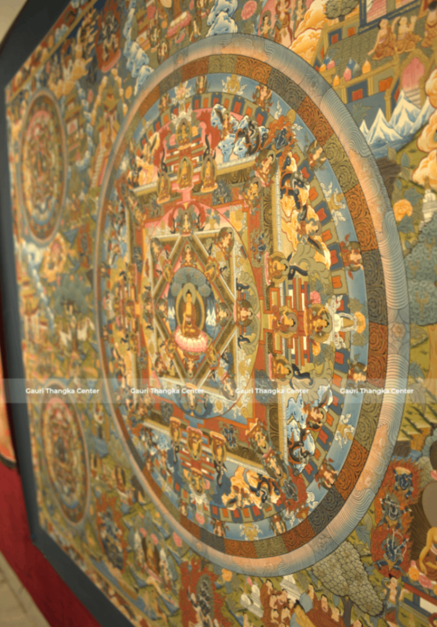 Life of Buddha | Five (Pancha) Mandala – 24K Gold Detailed Thangka ( Traditional Tibetan Style) - Image 4