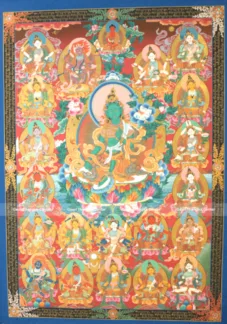 Hand-painted 21 Tara Tibetan Thangka with Green Tara at center, detailed in 24K gold on cotton canvas