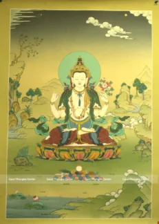 Chenrezig thangka hand painted in Nepal with 24K gold detail