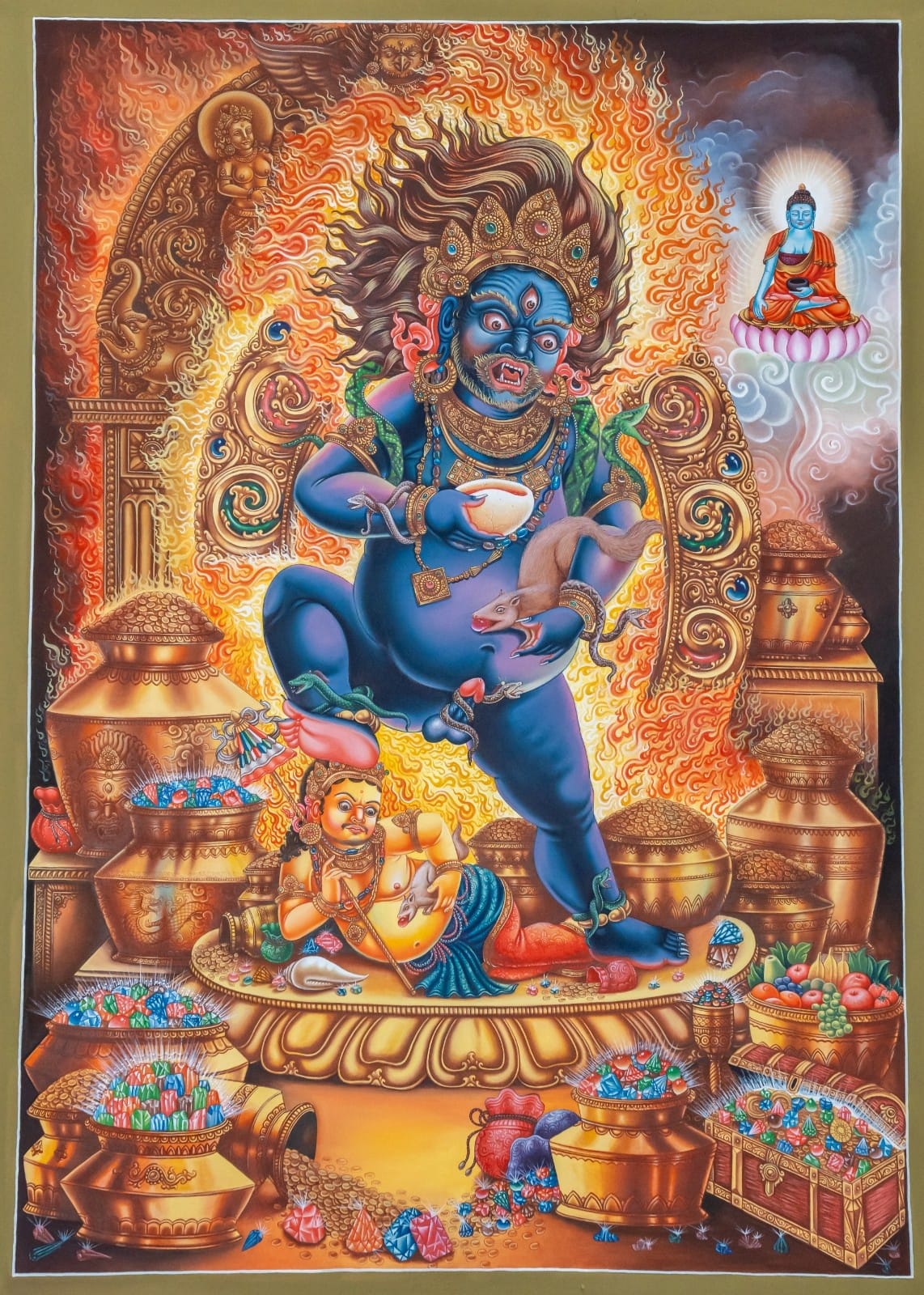 Newari Black Jambhala – 24K Gold Wealth Deity Thangka
