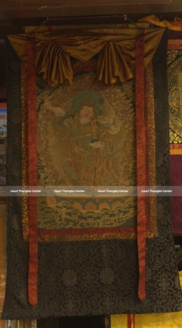 Guru Rinpoche – 24K Gold Detailed Brocade Thangka (Antique Style)