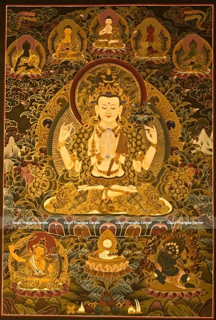 Chenrezig – 24K Gold Detailed Thangka