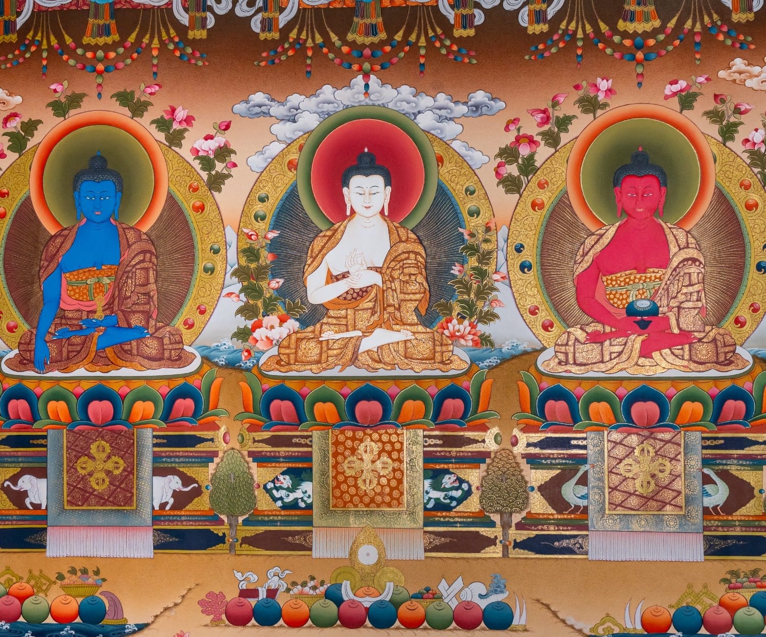 Panchabuddha (Five Dhyani Buddhas) – 24K Gold Detailed Thangka - Image 3
