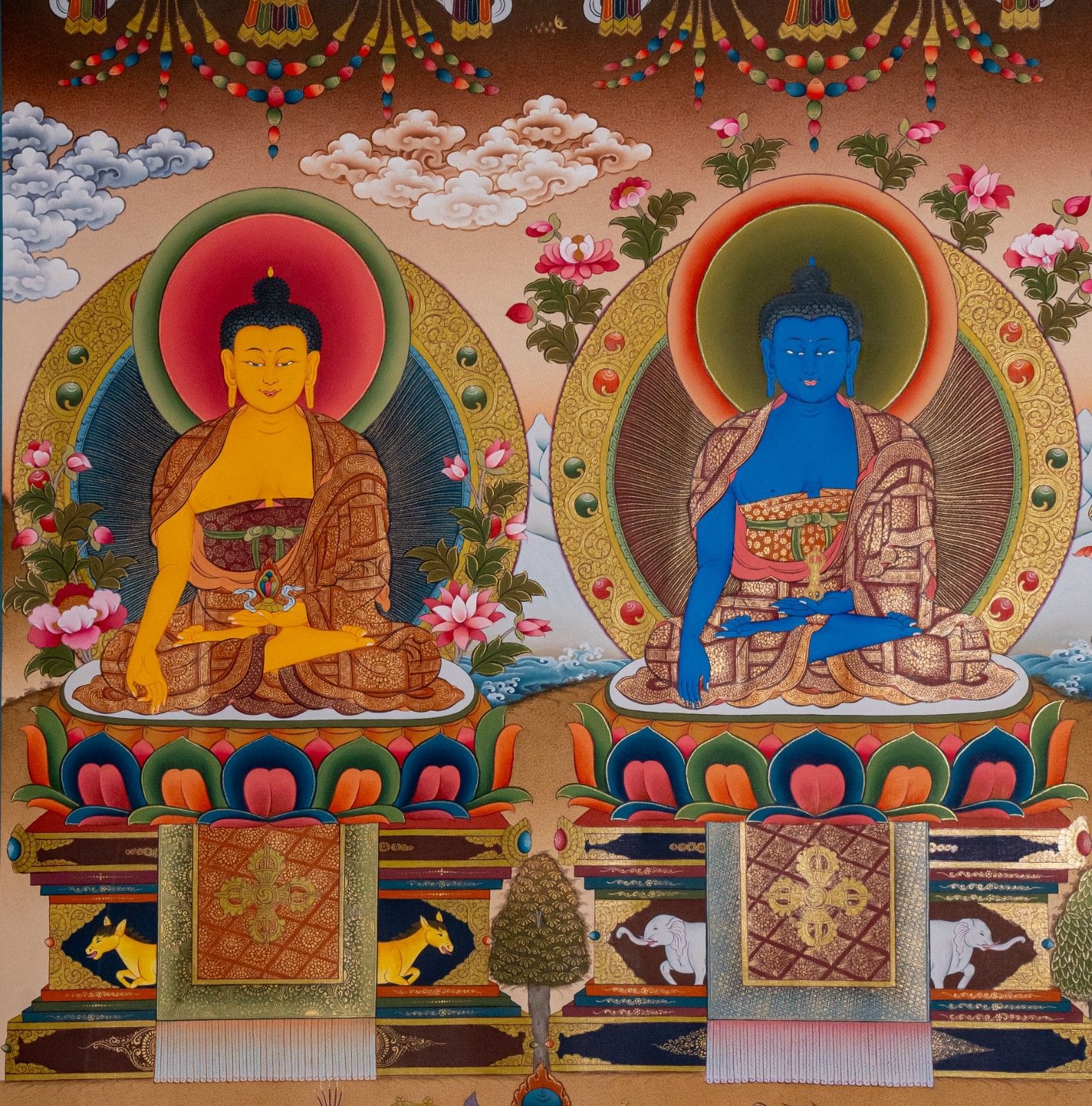 Panchabuddha (Five Dhyani Buddhas) – 24K Gold Detailed Thangka - Image 2