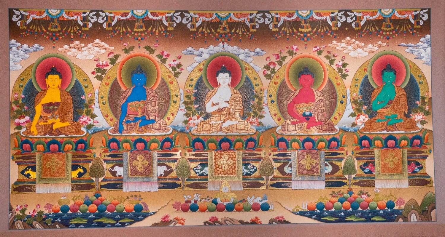 Panchabuddha (Five Dhyani Buddhas) – 24K Gold Detailed Thangka