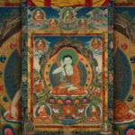 A traditional Tibetan thangka painting of Milarepa in his cave, hand to ear, without text overlays.
