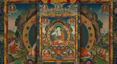 A traditional Tibetan thangka painting of Milarepa in his cave, hand to ear, without text overlays.