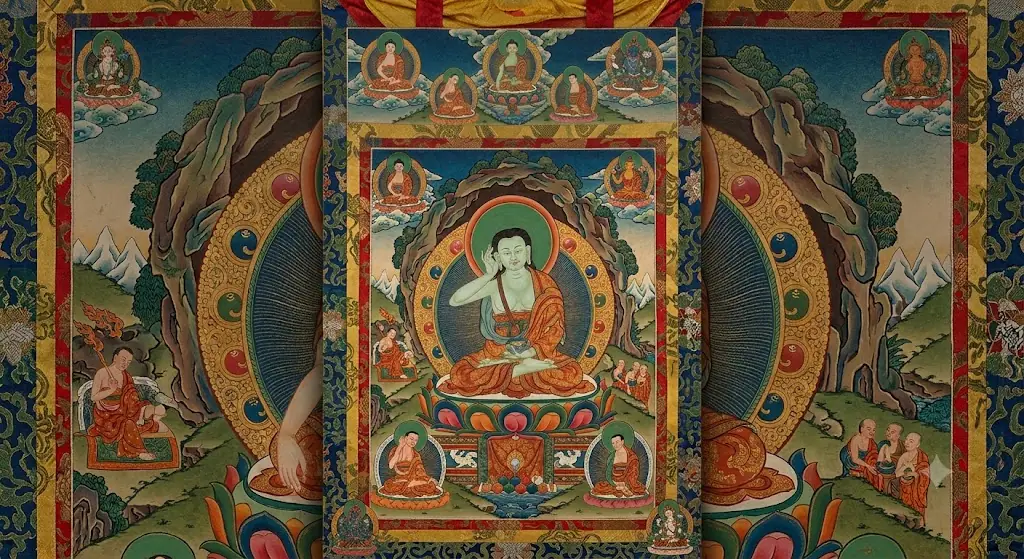 A traditional Tibetan thangka painting of Milarepa in his cave, hand to ear, without text overlays.